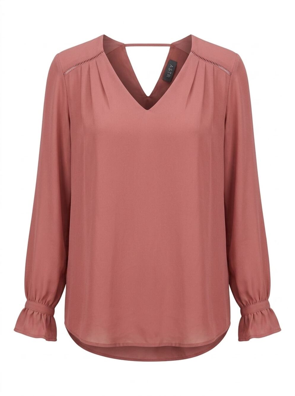 Astr V-Neck Strap Back Lined Blouse Solid Long Sleve Women See Measurements